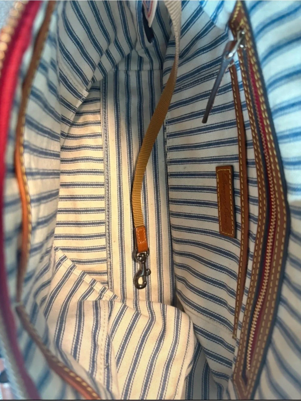 Dooney & Bourke Black Nylon Tote with Tan Leather Trim and Red Zip